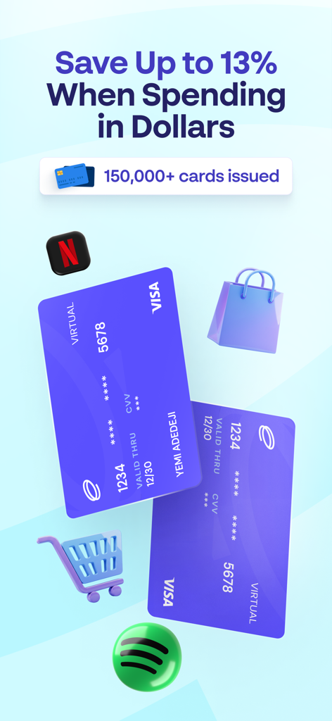 Eversend - the money app - Two Eversend virtual Visa dollar cards for international shopping with logos for Netflix and Spotify.