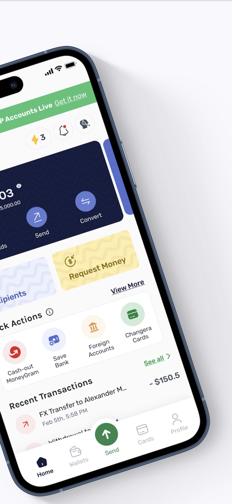 Startbildschirm der Changera-App mit Kontostand, letzten Transaktionen und Optionen für Geldüberweisungen