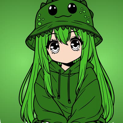 girl with anime shaped eyes with a dinosaur bucket hat oversized sweatshirt long straight hair