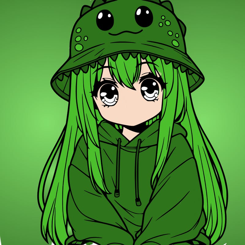 girl with anime shaped eyes with a dinosaur bucket hat oversized sweatshirt long straight hair