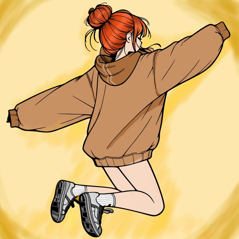 realistic girl jumping with a bun and oversized sweatshirt