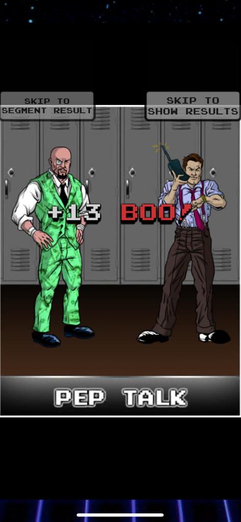 A retro wrestling pep talk segment in the locker room featuring two parody characters.