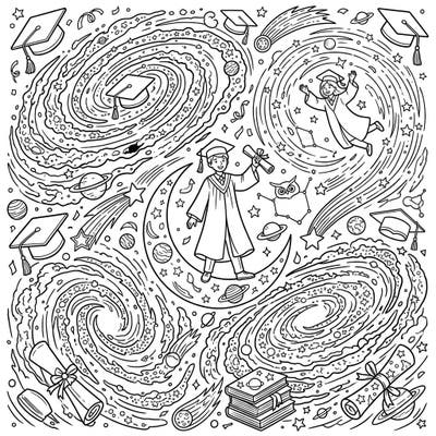 Embark on an interstellar adventure as you celebrate academic success with this unique coloring page. Featuring graduates amidst swirling galaxies, planets, and academic symbols, it's a perfect blend of cosmic wonder and achievement.