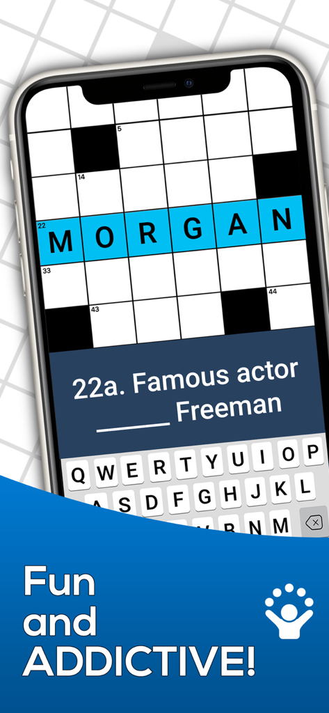 A mobile phone displaying a crossword puzzle with a clue about actor Morgan Freeman.