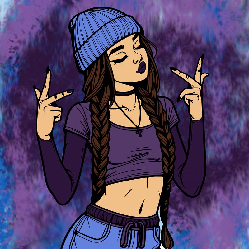 realistic teenage girl with braids and a beanie and crop top doing 🫶🏼