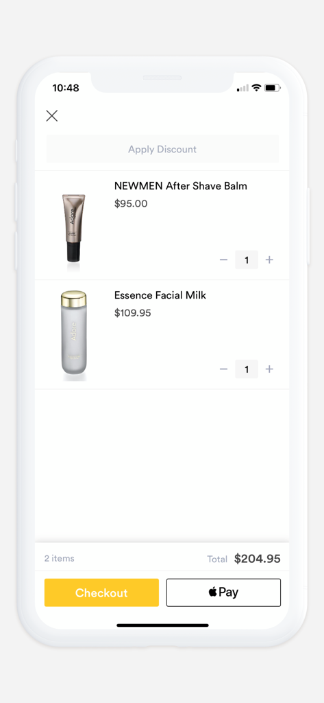 Adore Cosmetics - Warenkorb in der Adore Cosmetics App, der luxuriöse Hautpflegeprodukte und Checkout-Optionen anzeigt