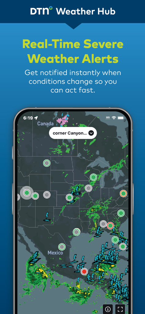 DTN Weather Hub - DTN Weather Hub mobile app interface showing real-time severe weather alerts and lightning tracking on a professional radar map.