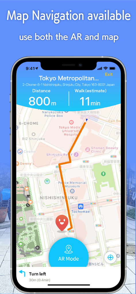 PinnAR - PinnAR app interface showing a 2D map navigation route in Tokyo with an AR mode button