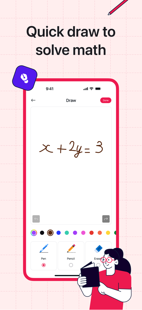 Hand-drawn math equation x plus 2y equals 3 on a mobile drawing interface with pen and pencil tools