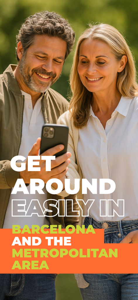 A smiling couple looking at a smartphone with text that reads Get around easily in Barcelona and the metropolitan area