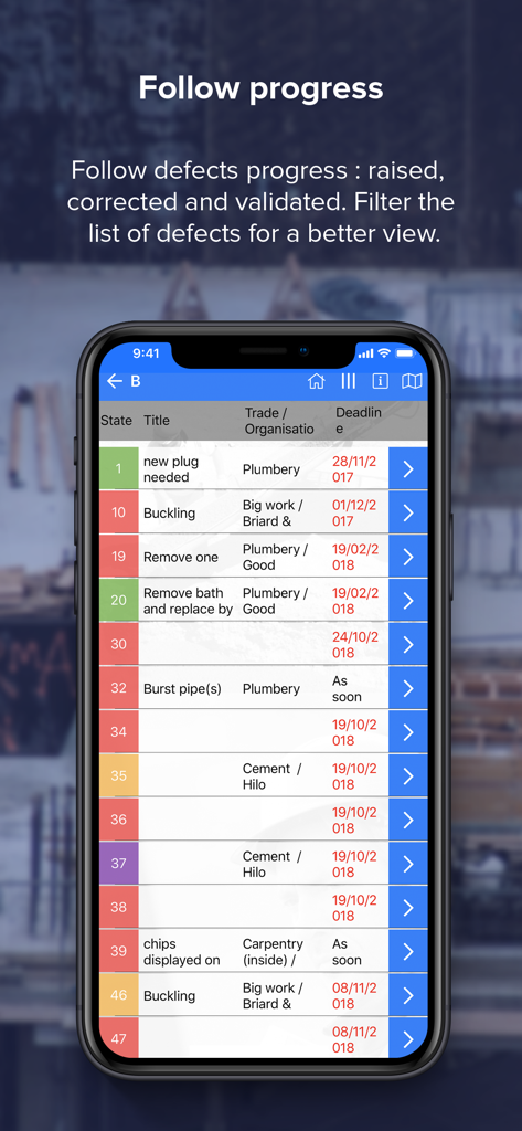 Site Supervision - A mobile screen showing the Site Supervision app tracking construction defects and project progress by trade and deadline.