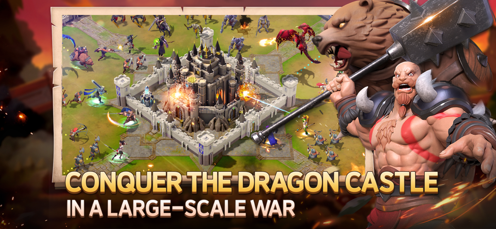 Dragon Siege: Kingdom Conquest - Una escena de batalla a gran escala que muestra héroes y dragones atacando el Castillo del Dragón en Dragon Siege Kingdom Conquest.