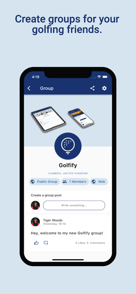Golfify - Golf Tournament App - Mobile interface of the Golfify app showing a social group page for golfers