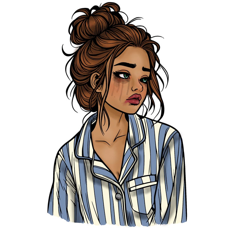realistic woman with pajamas on and a messy bun