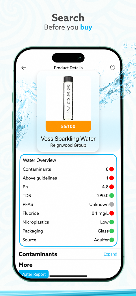 H20Score - Water Rankings - A mobile screen from the H2OScore app displaying a detailed water quality analysis and safety rating for Voss Sparkling Water.