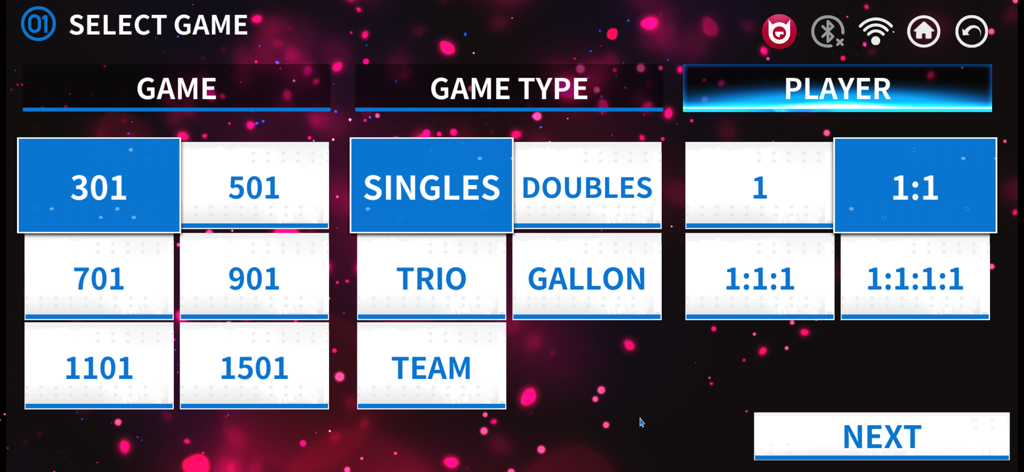 DartsBeat Home - DartsBeat Home mobile app interface showing game selection for 301 singles with two players