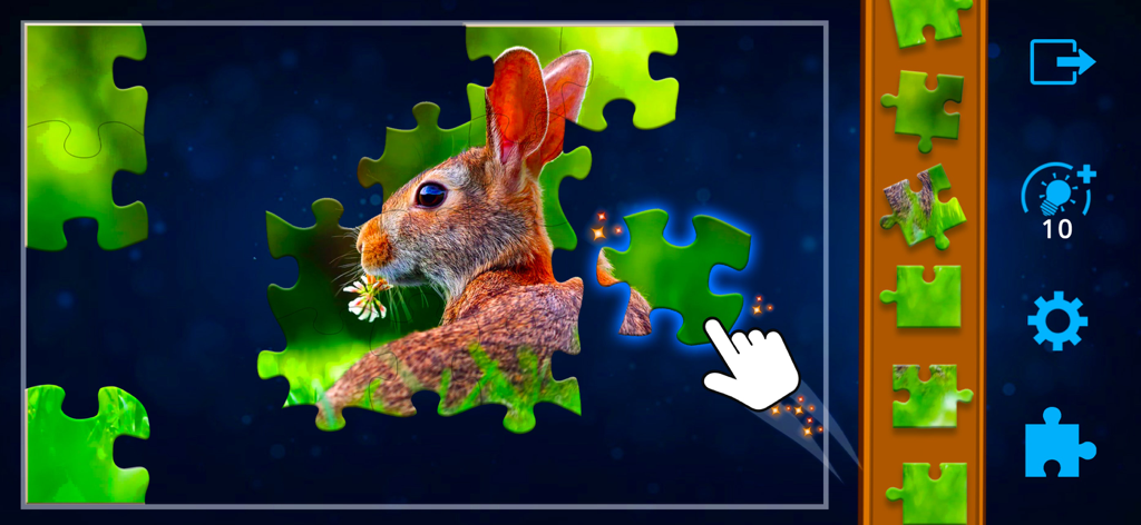 Jigsaw Puzzles Classic - A digital jigsaw puzzle of a rabbit being solved with a hand icon dragging a piece into place