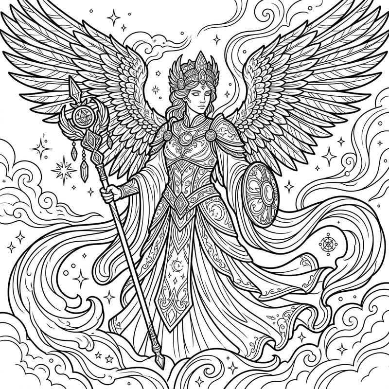 Discover a stunning coloring template featuring a powerful Dominion Angel, complete with intricate armor, majestic wings, and divine regalia. This detailed design invites you to explore the realms of celestial artistry and bring this heavenly being to vibrant life.