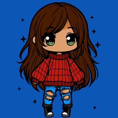 chibi girl with ripped jeans,long hair, and an oversized sweater