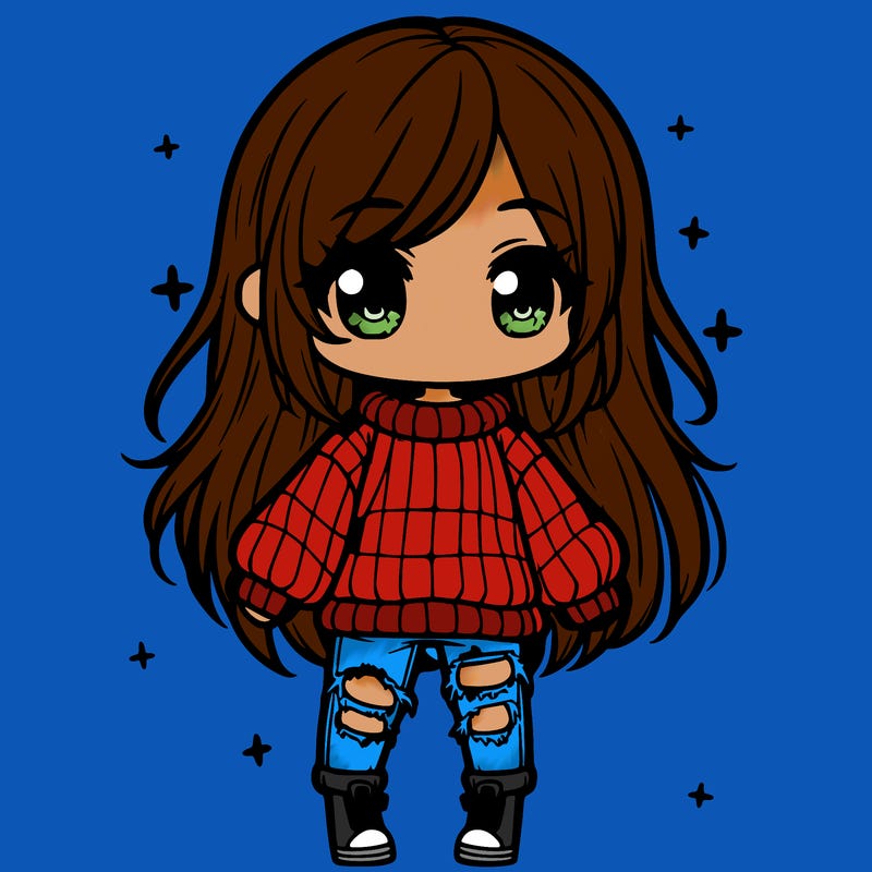 chibi girl with ripped jeans,long hair, and an oversized sweater