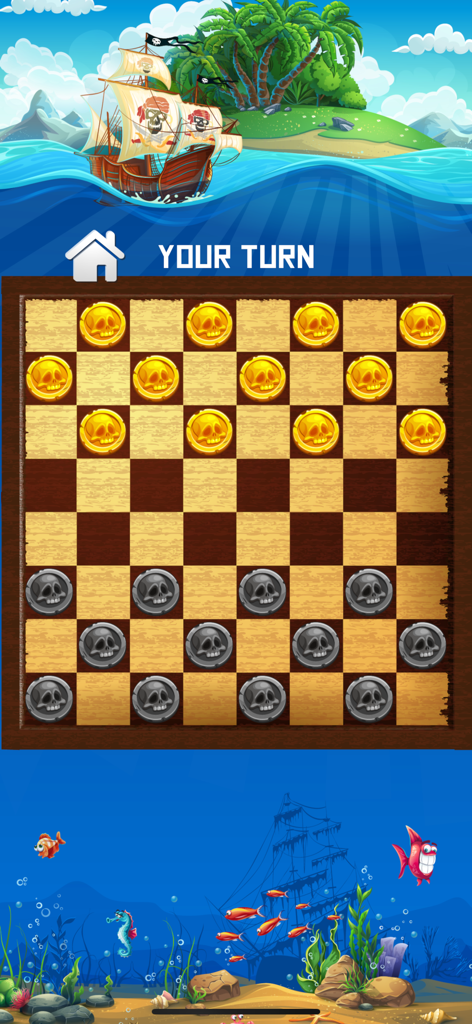 Chess 2 in 1 for Watch & Phone - Una partida de damas con temática pirata que presenta monedas de oro y plata con caras de calavera y un fondo de isla tropical