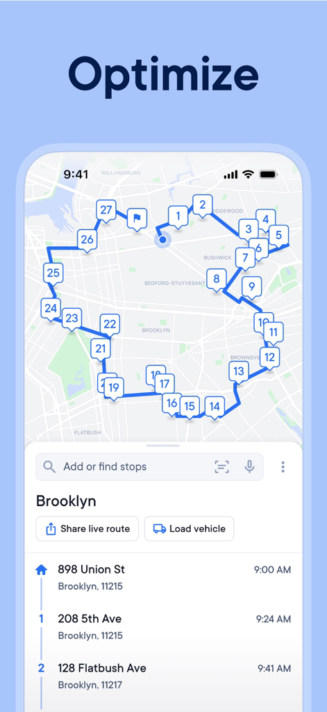 Spoke (Circuit) Dispatch - Spoke Dispatch app interface showing an optimized multi-stop delivery route on a Brooklyn map with ETAs.