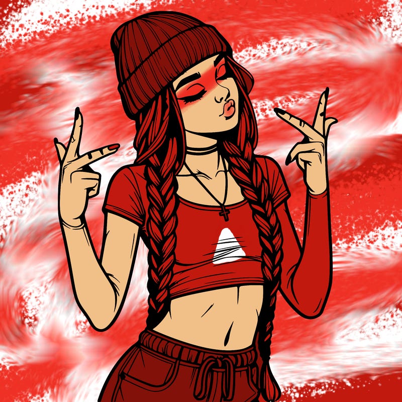 realistic teenage girl with braids and a beanie and crop top doing 🫶🏼