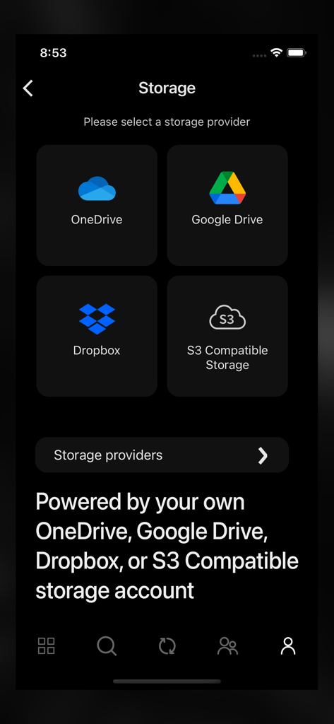 Photos+ Cloud Library - Photos+ app storage selection screen showing options for OneDrive Google Drive Dropbox and S3 compatible storage accounts