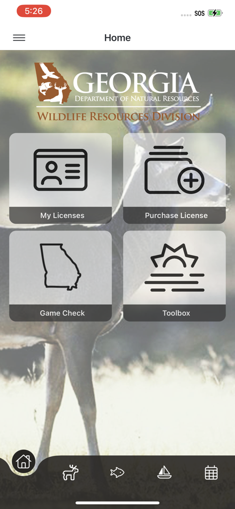 Go Outdoors GA - Home screen of the Go Outdoors GA app featuring options for licenses game check and a toolbox