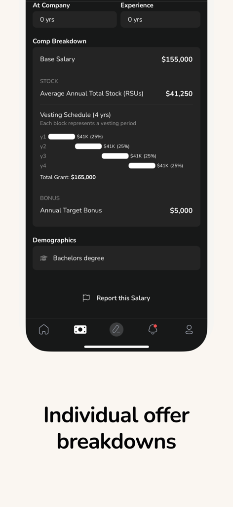 A detailed breakdown of a tech job offer showing base salary, RSUs, vesting schedule, and annual bonus.