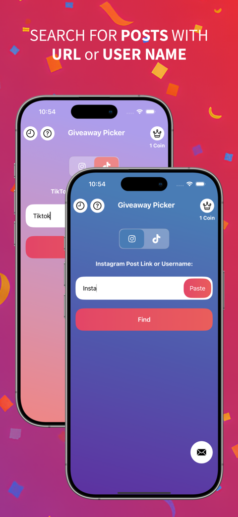 Mobile screen showing how to search for Instagram and TikTok posts using a URL or username in the Giveaway Picker app