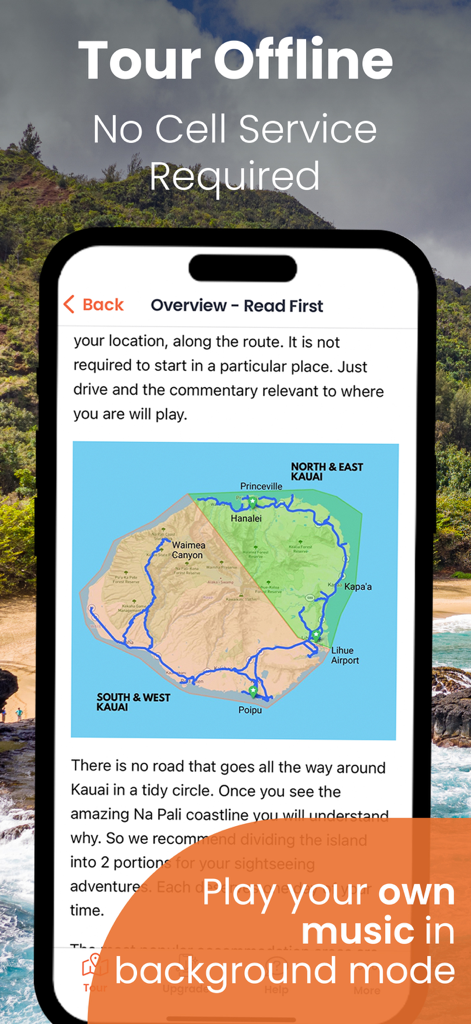Kauai GyPSy Guide Driving Tour - Kauai driving tour app interface showing offline maps and background music support.