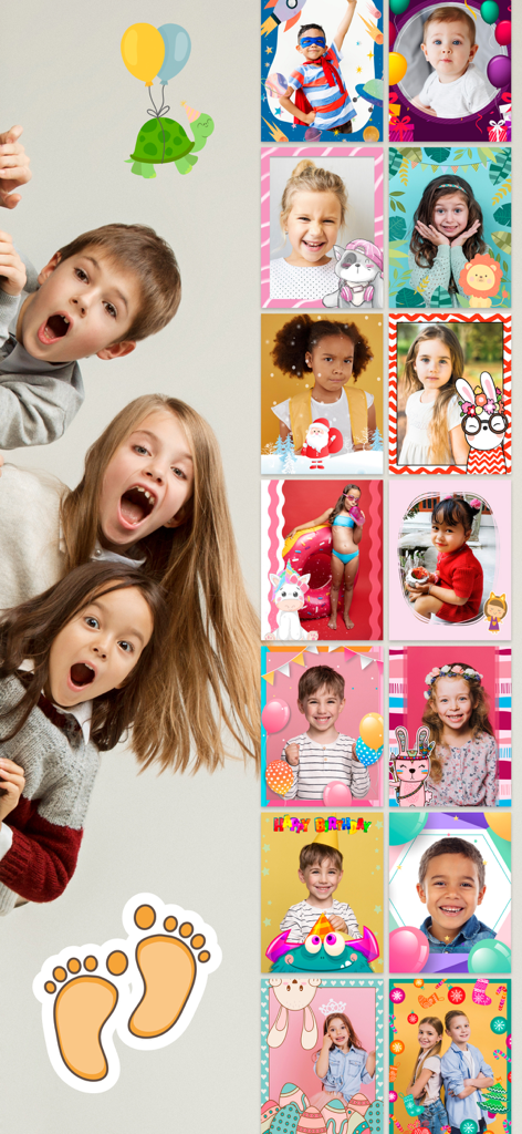 Children's Photo Frames - A collage showing various children portraits with colorful decorative frames and cute stickers