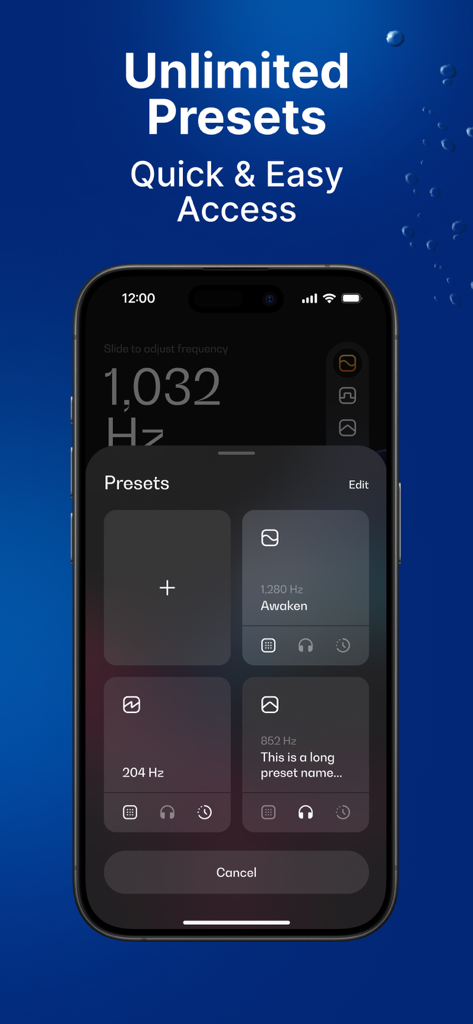 Interface of the Sonic app showing saved frequency presets for quick access on an iPhone.