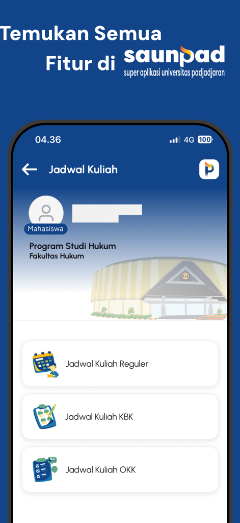 SAUNPAD - Interface of SAUNPAD app showing student class schedule options.