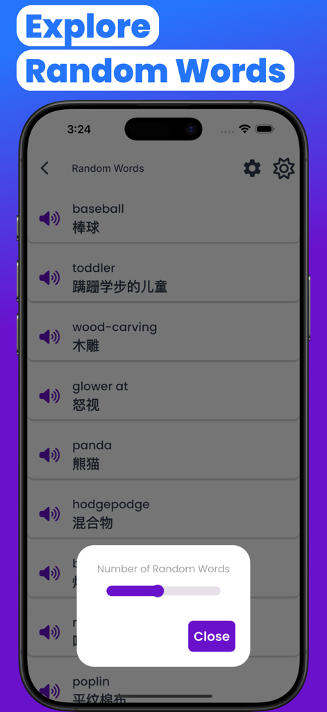 Mandarin-English Translator - Mandarin Englisch Übersetzer App-Bildschirm zeigt eine Liste zufälliger Wörter mit Übersetzungen und Audio-Wiedergabetasten