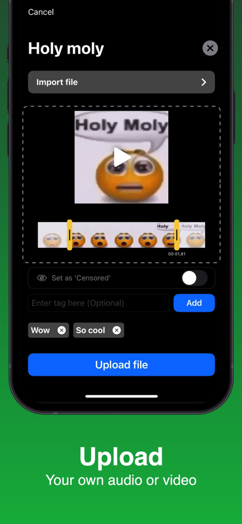 Soundboard Online - Memes - Interfaz de Soundboard Online mostrando cómo recortar y subir archivos de video y audio de memes personalizados.