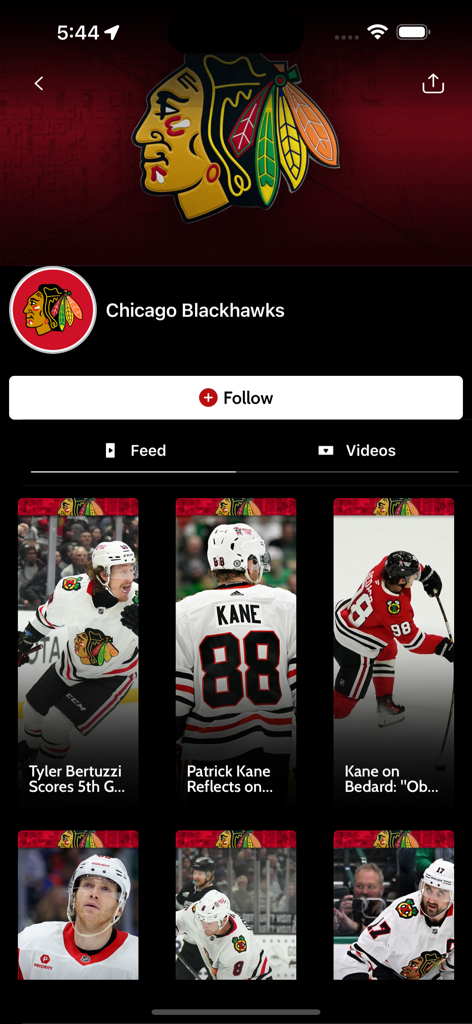 Chicago Blackhawks team profile and content feed on the CHSN app