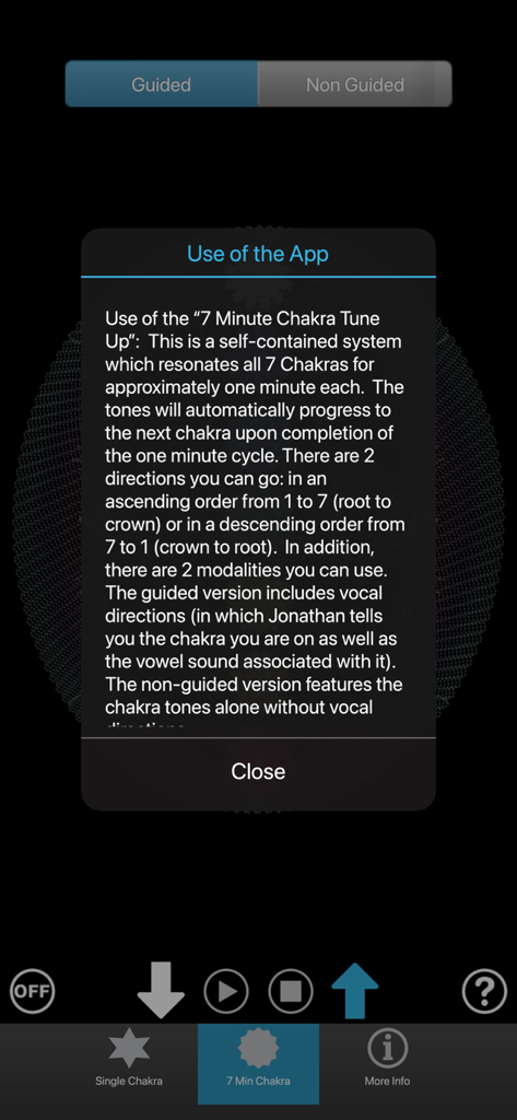 Chakra Tuner Jonathan Goldman - An informational popup explaining the 7 minute chakra tune up feature with guided and non-guided options.