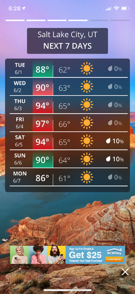 A seven day weather forecast for Salt Lake City displayed on the KSL Weather app interface.