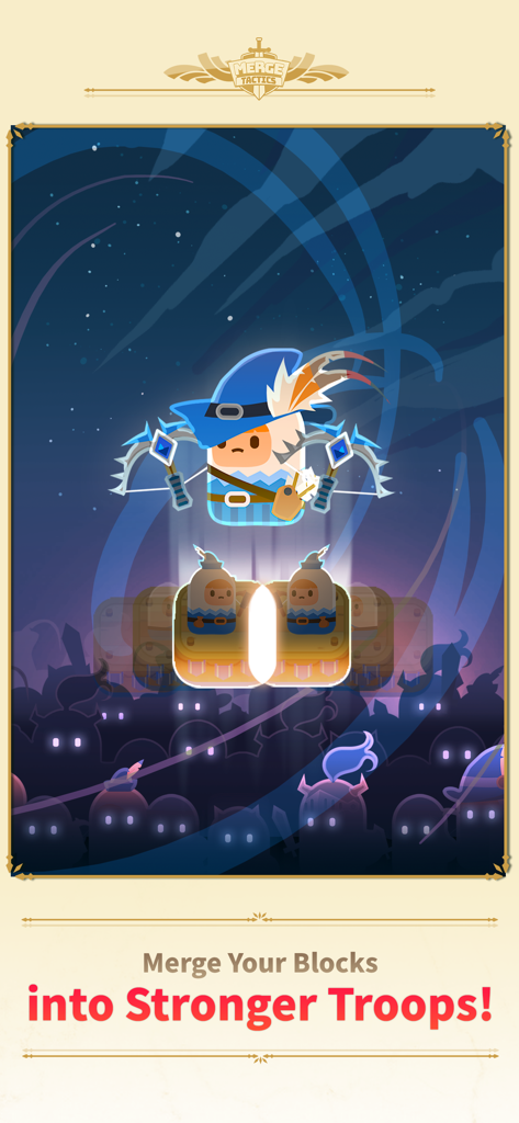 Two small character blocks merging into a powerful archer unit in Merge Tactics