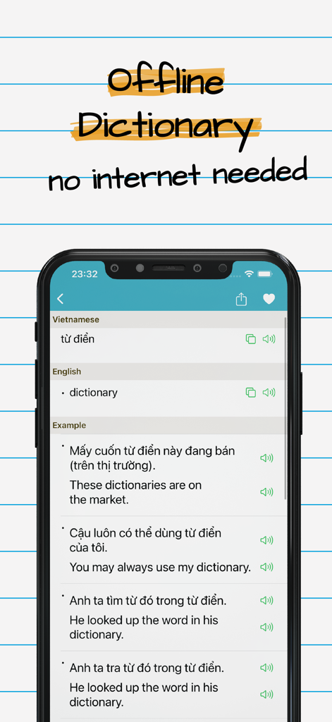 Vietnamese English Dictionary* - Vietnamese English dictionary app interface showing word definitions and example sentences with audio icons