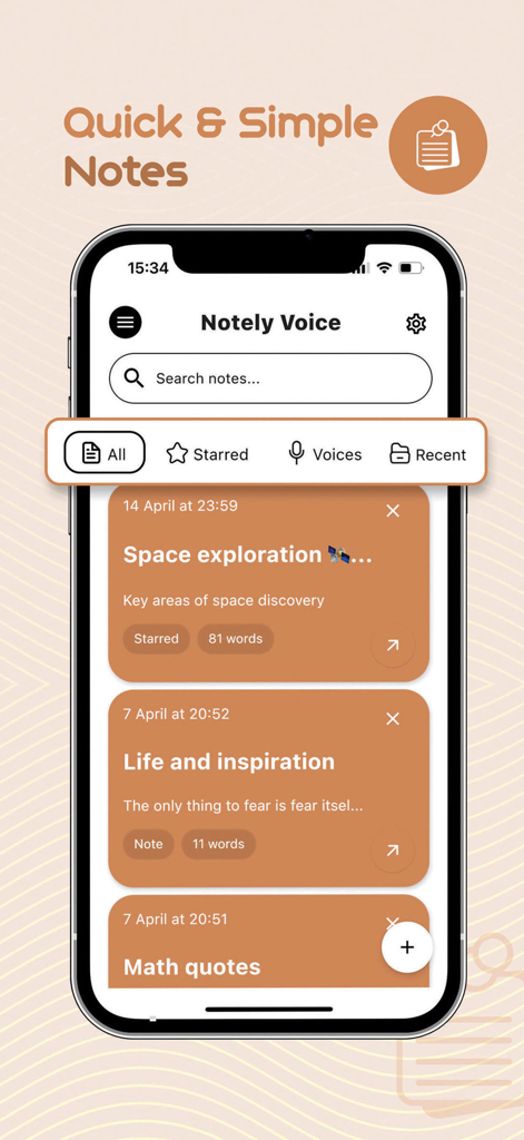 A interface do aplicativo móvel Notely Voice exibindo uma lista de anotações organizadas com opções de busca e filtro.