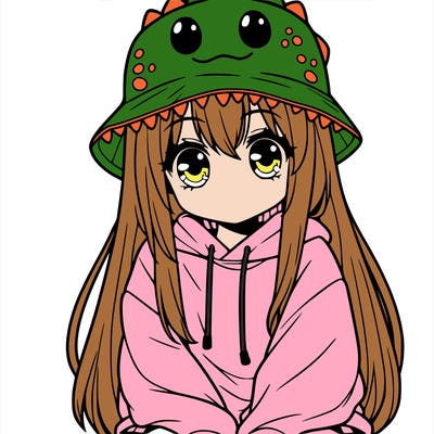 girl with anime shaped eyes with a dinosaur bucket hat oversized sweatshirt long straight hair