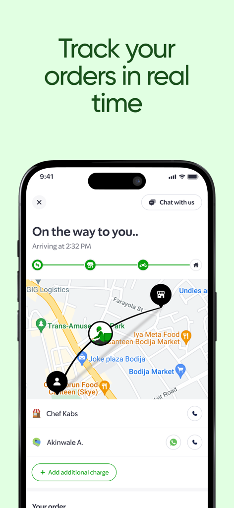 Heyfood - Food Delivery - Interface do aplicativo Heyfood mostrando rastreamento GPS em tempo real de um pedido de entrega de comida em um mapa.