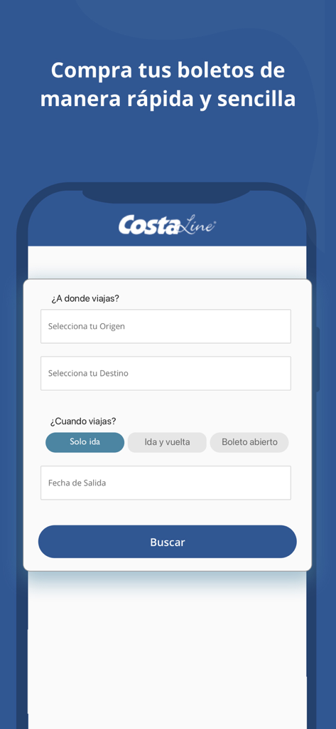 CostaLine - Rutas en Autobus - Pantalla de búsqueda de boletos de autobús en la app CostaLine mostrando campos para origen, destino y fecha de viaje