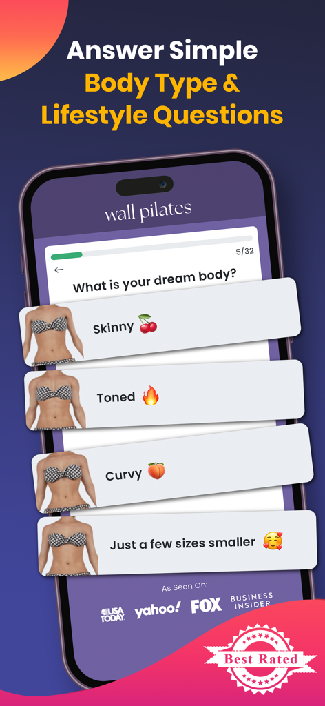Wall Pilates: Fit Weight Loss - A mobile app screen showing a personalization quiz for fitness goals with various body type options.