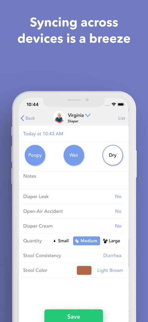 Baby Connect app screen showing a diaper tracking log with syncing across devices feature