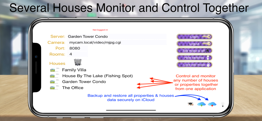 Interface showing the management of multiple properties within the HOS Smart Home app