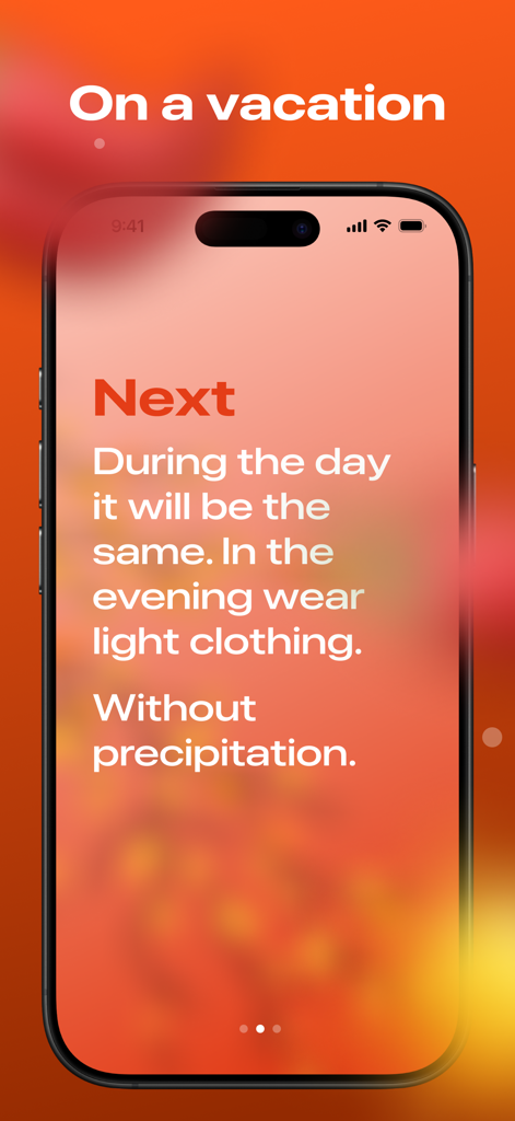 Weather — how you feel - Minimalist weather app interface showing evening clothing advice and precipitation forecast on a warm orange background.